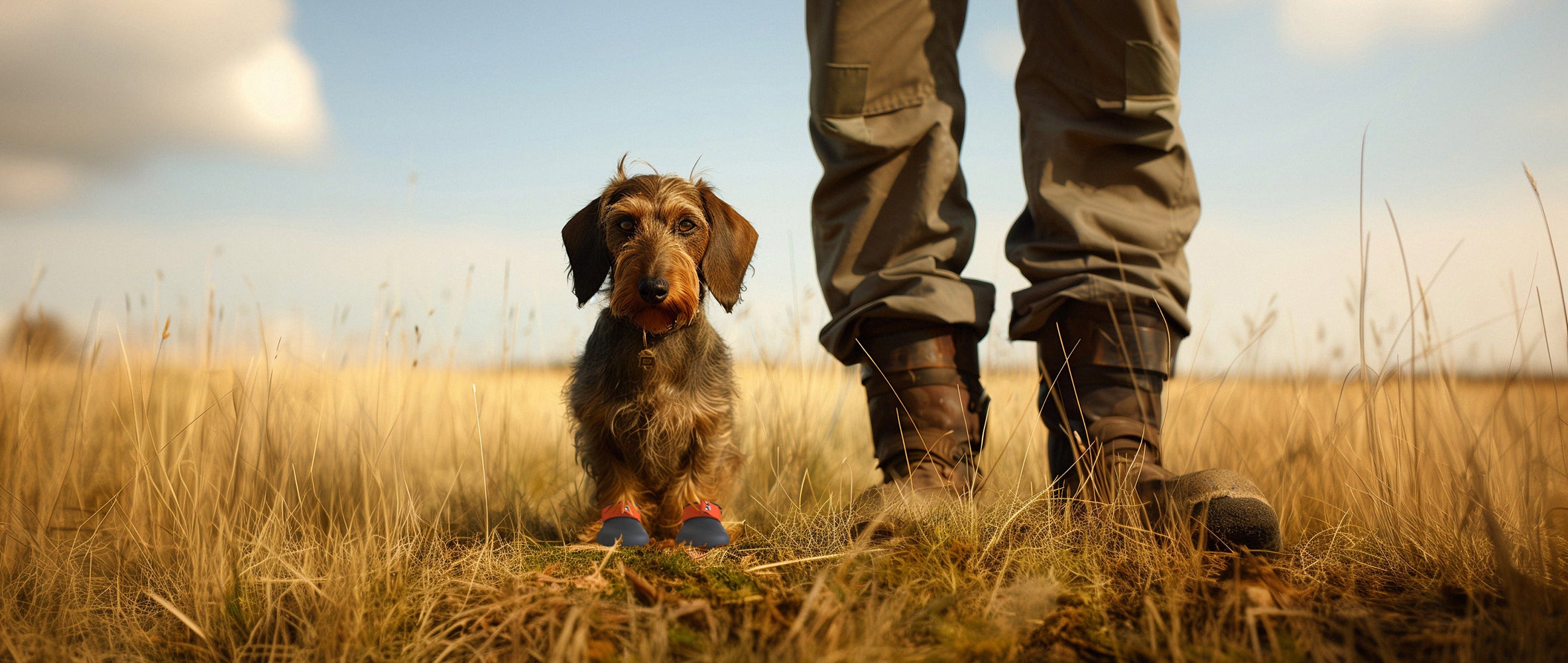 A dachshund wearing a custom made dog shoes for hunting