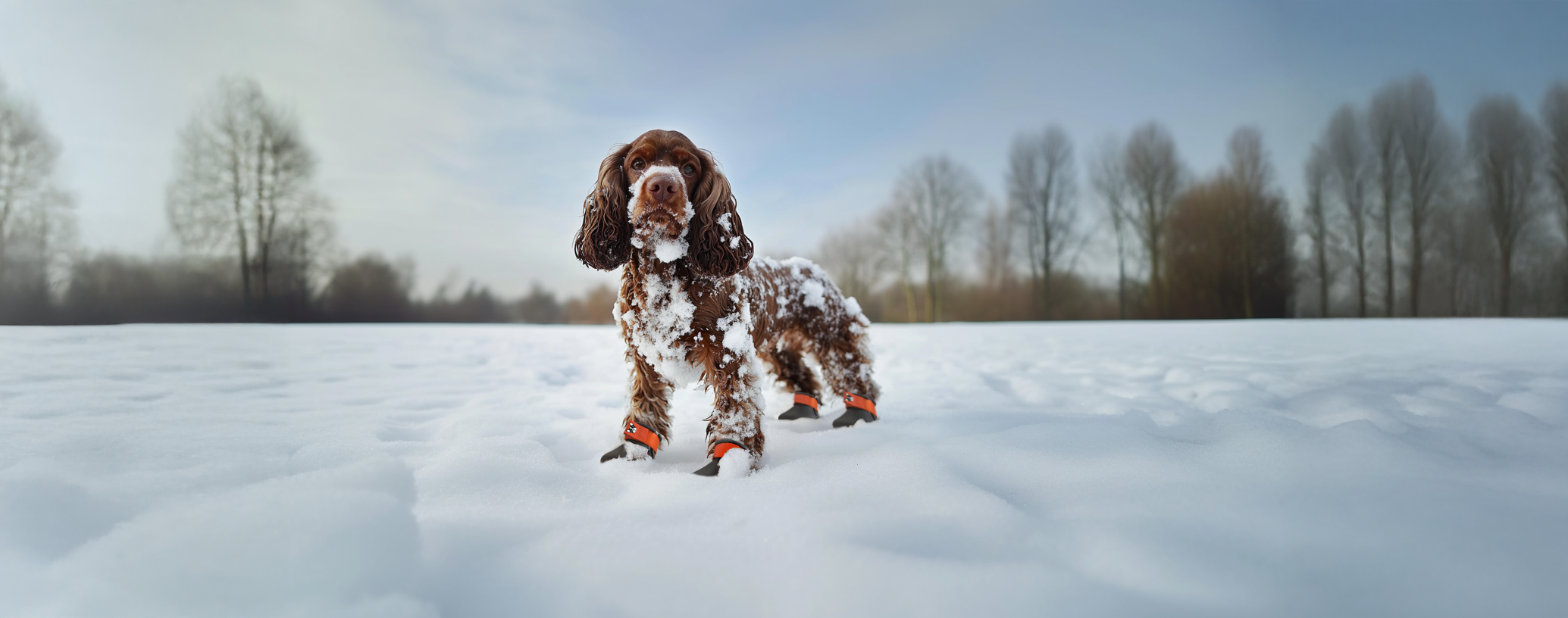 A Cocker spaniel wearing custom made winter dog shoes