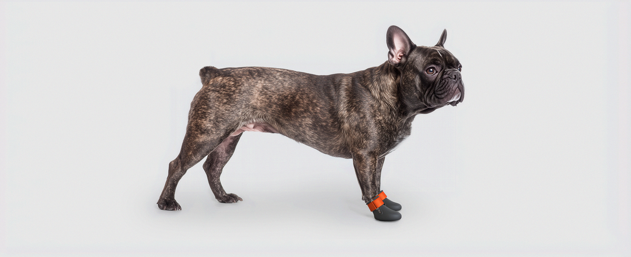 A French bulldog wearing custom made  dog shoes