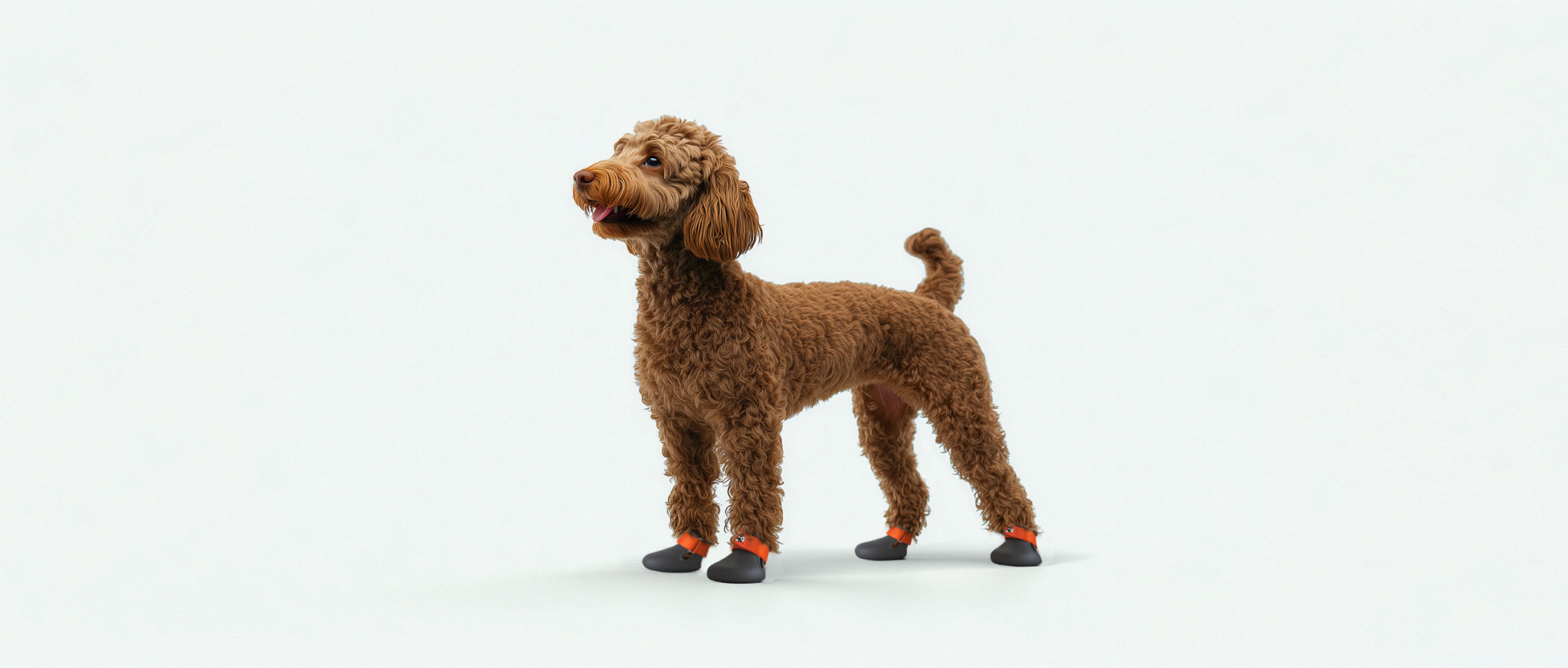 A Labradoodle wearing custom made dog shoes