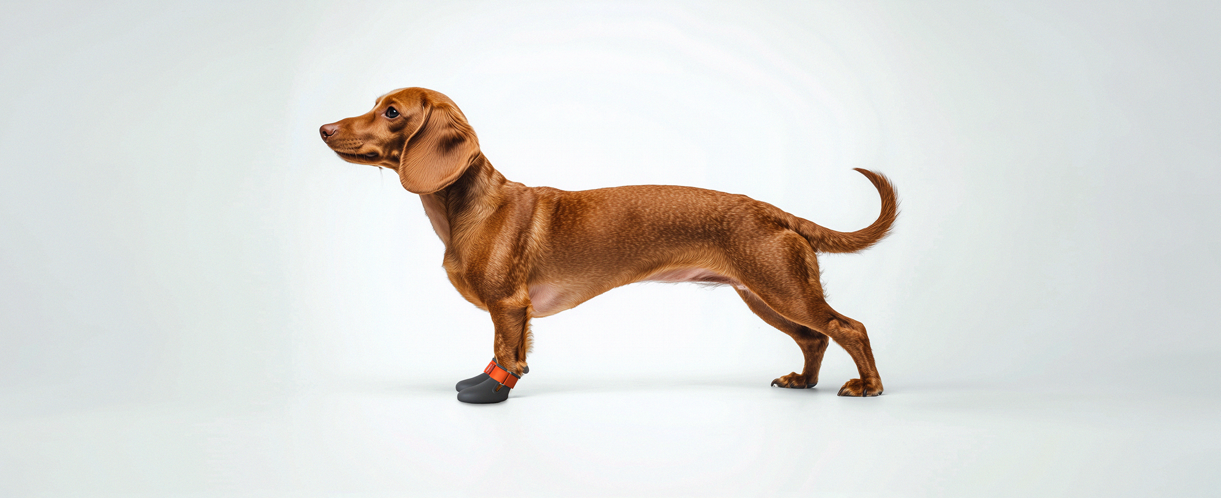 A Dachshund wearing custom made dog shoes